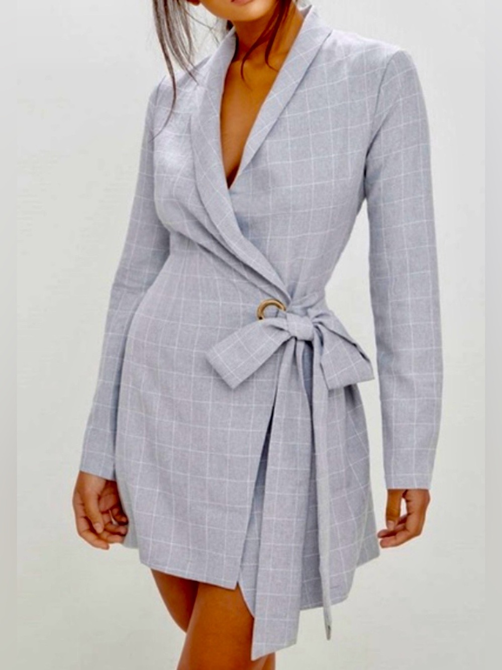 PrettyLittle Thing Blazer Wrap Mini Dress gray and white checkered size 10